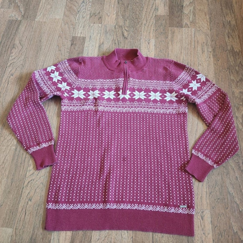 Cabelas Mens Large‎ Burgundy Fair Isle Snowflake Cotton Quarter Zip Sweater 511